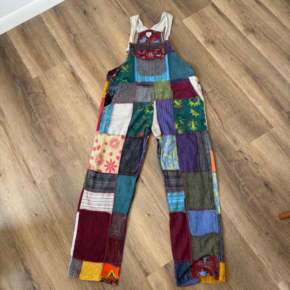 Rhea Patchwork Overalls Womens Large Multi Color Boho Celestial Cotton Nepal